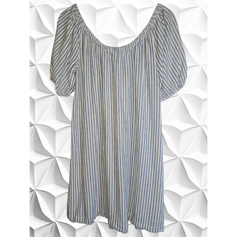Madewell Blue White Striped Linen Blend Puff Sleeve Mini Dress S Off Shoulder